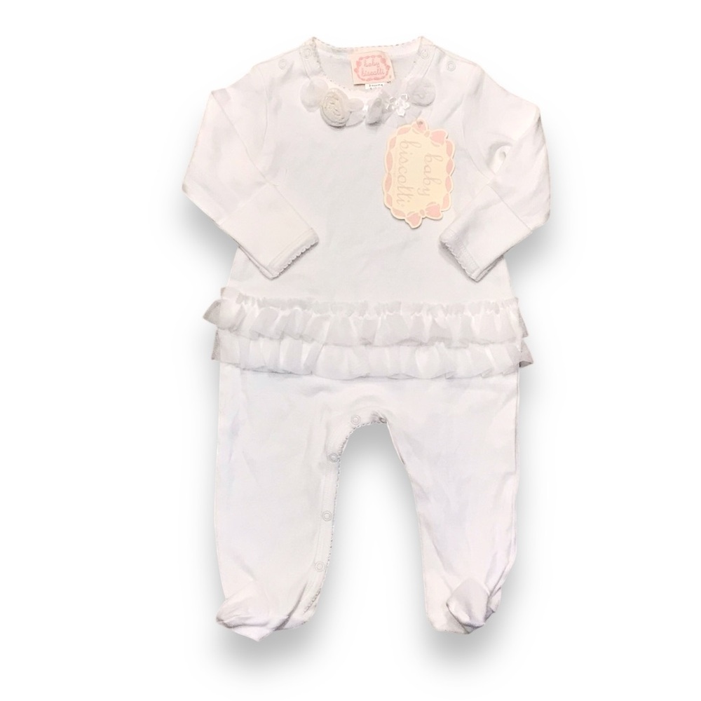 🆕 Biscotti Baby White Tulle Ruffle Rosette Footie